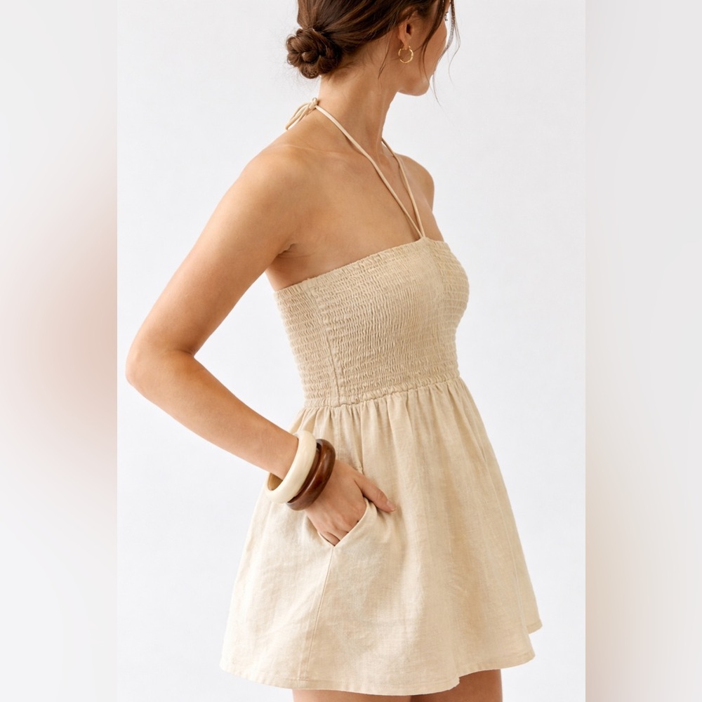 NWT | Urban Renewal | Made in LA | EcoVera Linen Smocked Halter Mini Dress | S
